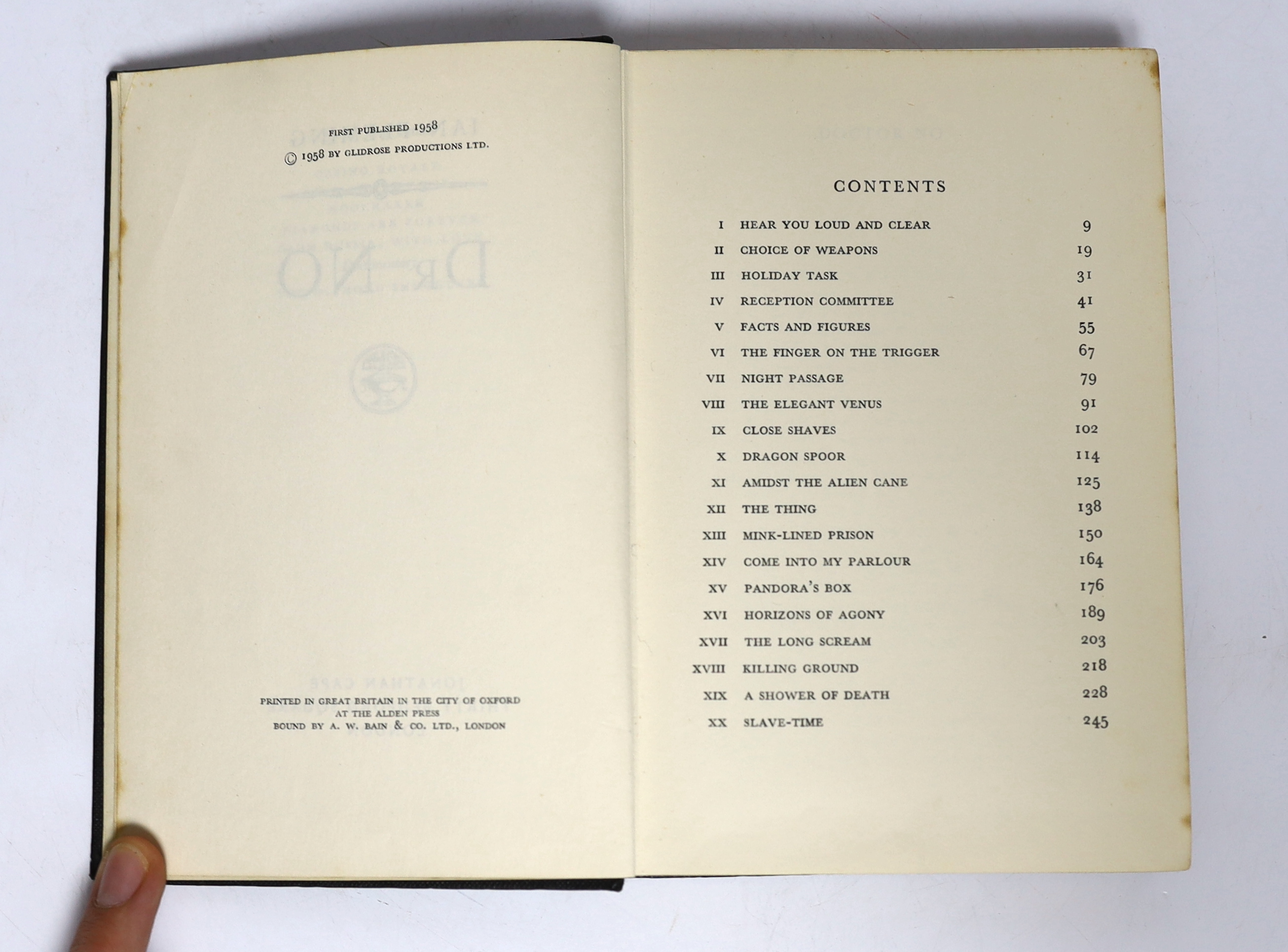 Fleming, Ian - Diamonds Are Forever, 1st edition, remainder copy, outside bound by others in yellow cloth (spine and boards spotted, front board stamped Ex Libris), 8vo, in an unclipped d/j, (leaves trimmed to 182 x122mm